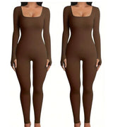 Women's Yoga Sports Fitness Jumpsuit Workout Long Sleeve Square Collar Clothing