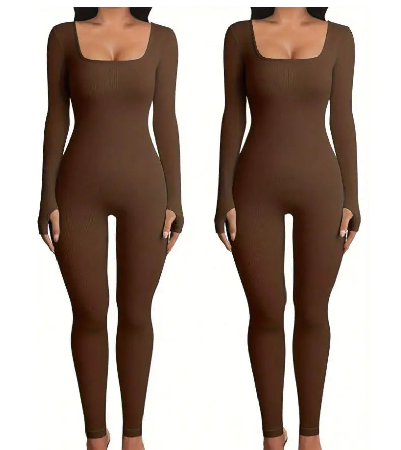 Women's Yoga Sports Fitness Jumpsuit Workout Long Sleeve Square Collar Clothing