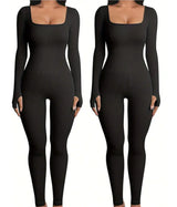 Women's Yoga Sports Fitness Jumpsuit Workout Long Sleeve Square Collar Clothing